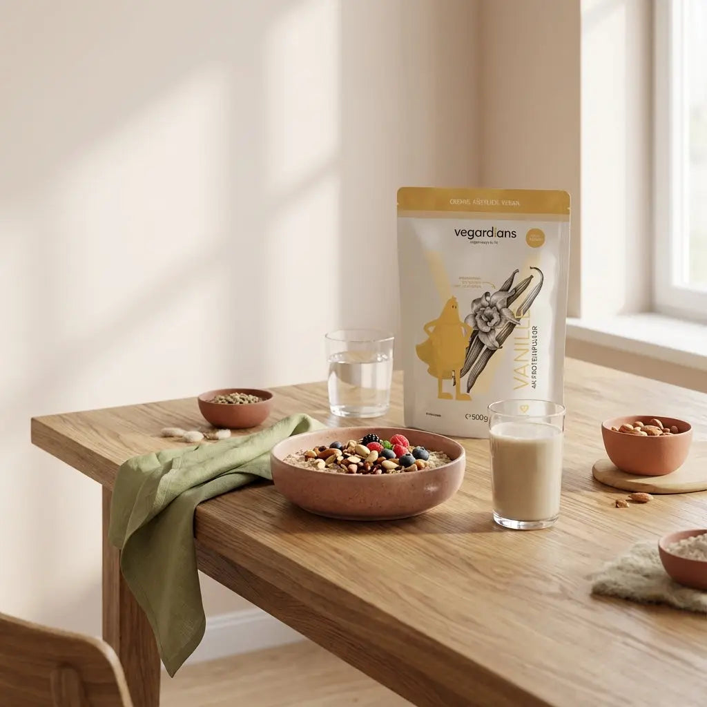 Veganes proteinreiches Frühstück auf Holztisch in sanftem Morgenlicht mit salbei-Serviette (#B0BF71) und Akzenten #4A9A9E, Masse aufbauen