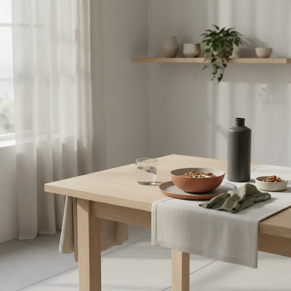 Minimalistisches Morgenfrühstück mit Granola, pflanzlichem Joghurt, Nüssen und Shake in einer europäischen Küche – ideal für masseaufbau ernährung.