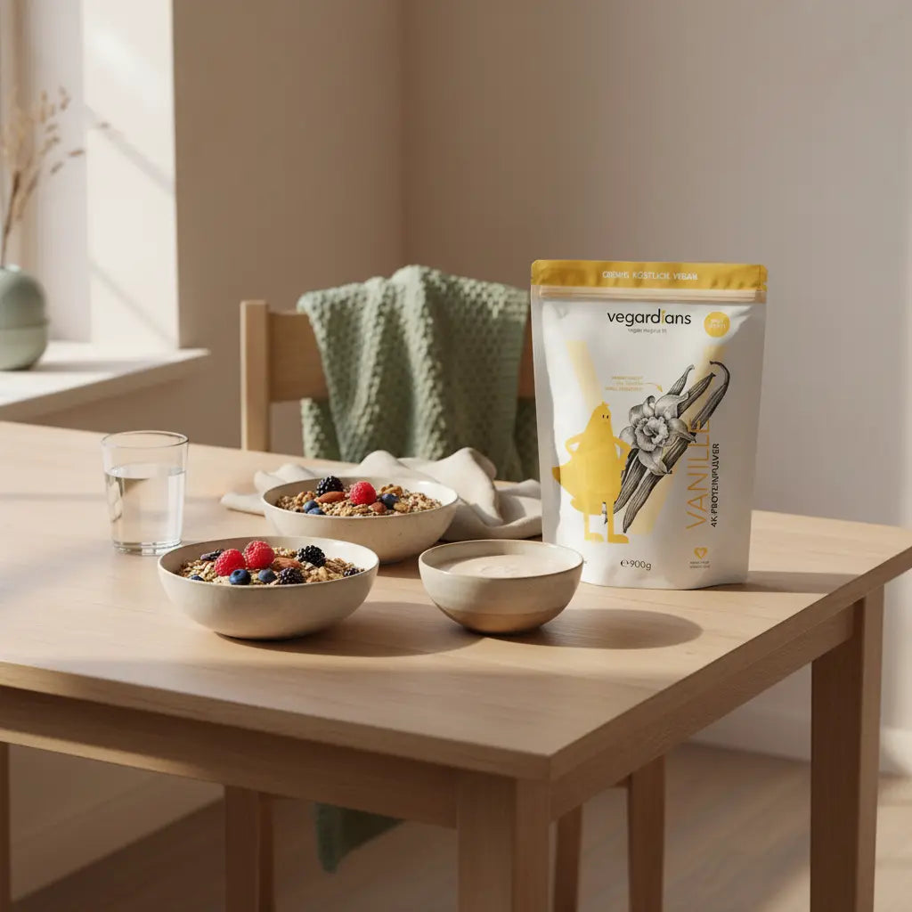 Minimalistischer Frühstückstisch mit veganem Müsli, Beeren, Nüssen, Shake und Glas Wasser in sanftem Morgenlicht – Massephase Ernährung, erdige Beige- und Salbeitöne