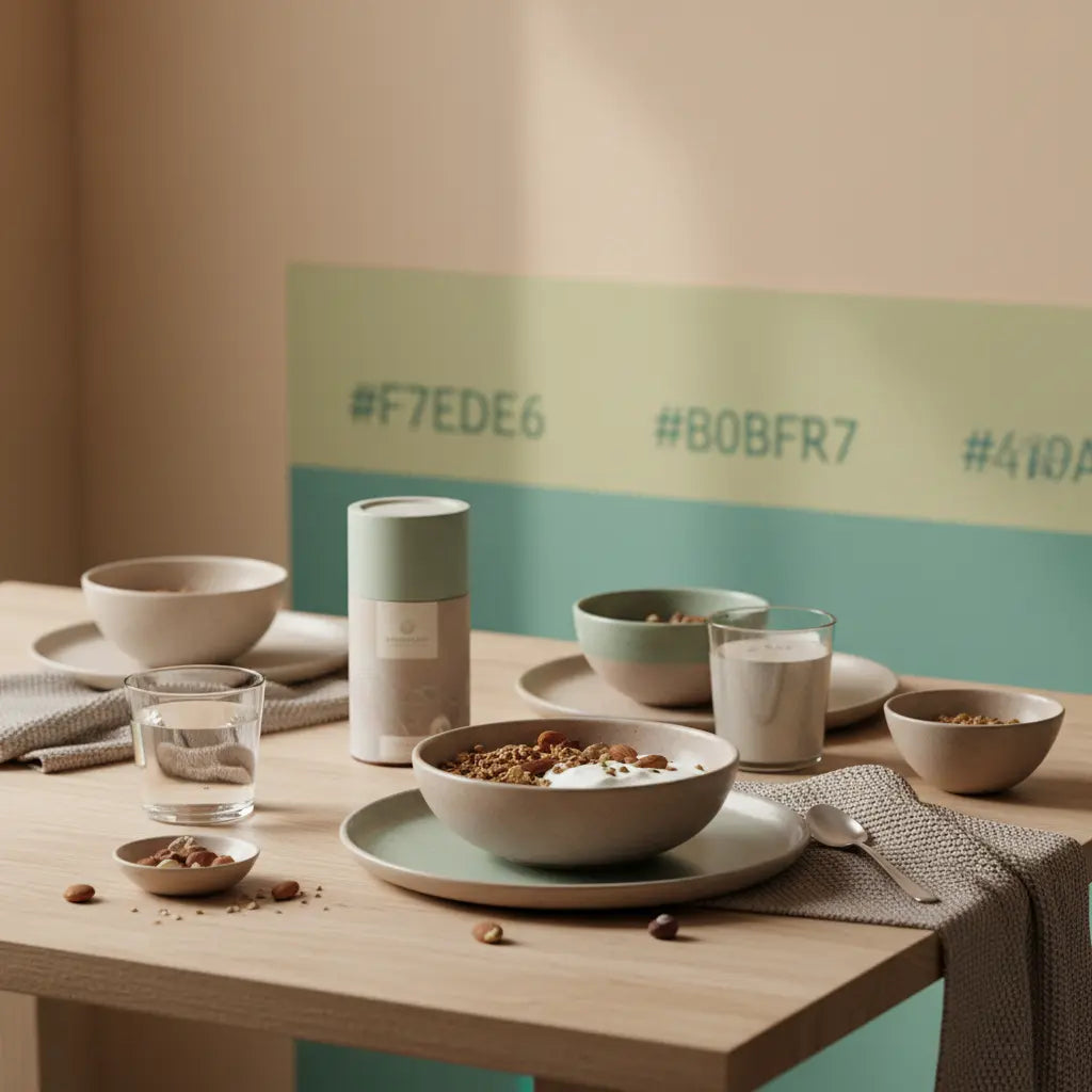 Minimalistisches Frühstücks-Set für die Massephase: veganes Granola, Joghurt, Nüsse, Glas Wasser und das Produkt aus den Referenzfotos in einer hellen, europäischen Küche.