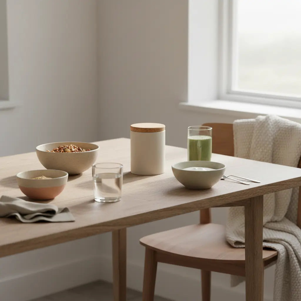 Massephase: Minimalistisches veganes Frühstück mit Granola, Joghurt, Nüssen, Shake und dem Produkt aus den Referenzfotos auf nachhaltigem Tisch im weichen Morgenlicht.