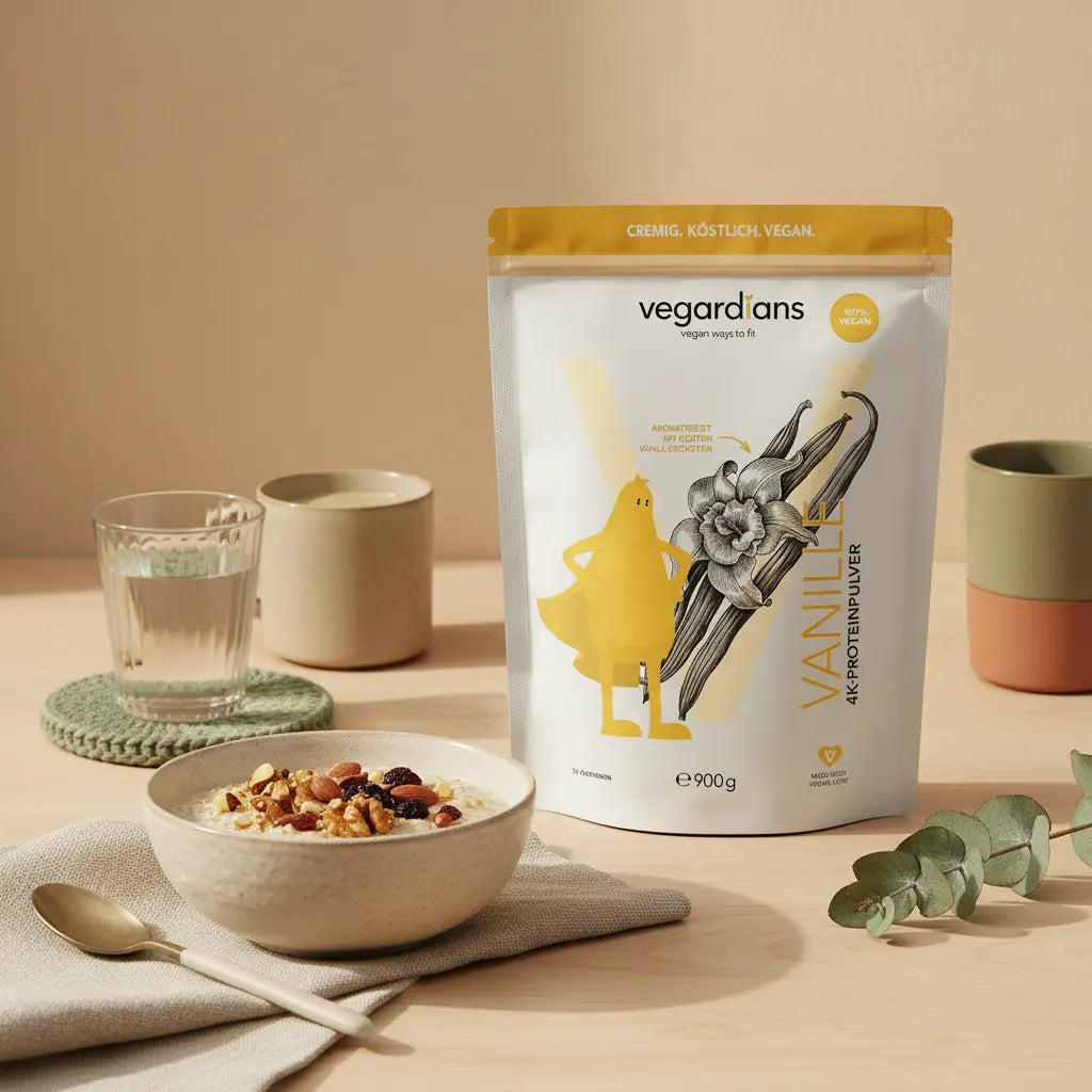 Helles, minimalistisches Frühstück in europäischer Küche mit Hafer, Nüssen, Glas Wasser und pflanzlichem Proteinshake auf nachhaltigem Tisch – McFIT Franchise