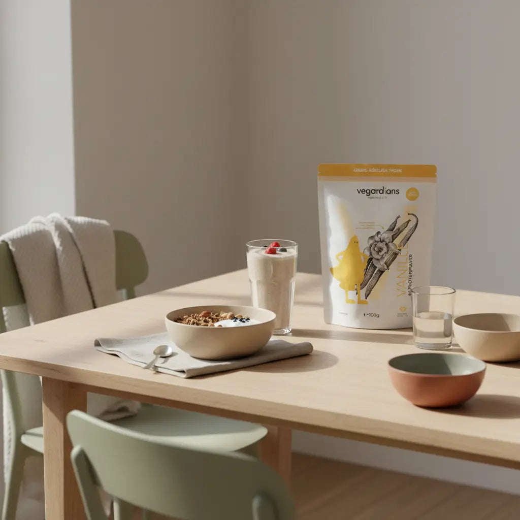 Veganer Meal-Prep-Tisch mit Müsli, Joghurt, Nüssen und Shake in europäischer Küche bei sanftem Morgenlicht, winterliche Wollakzente – meal prep abnehmen