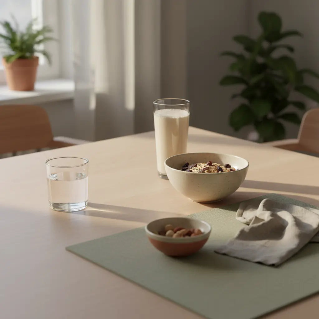 Minimalistische europäische Küchenaufnahme mit Holztisch, Wasserglas, Müslischale, Nüssen und Meal-Replacement Shakes-Produkt im sanften Morgenlicht