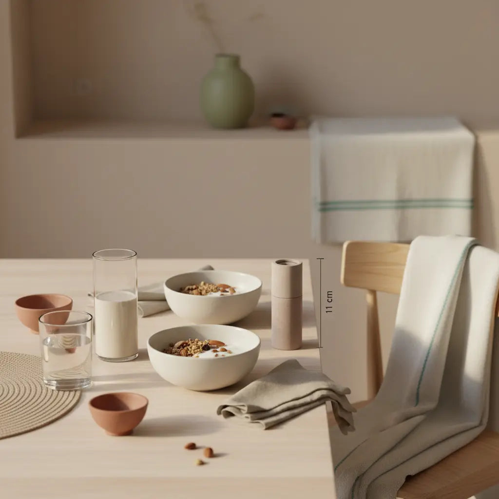 Minimalistisches Frühstück mit Granola, Joghurt, Nüssen und Shake neben dem Produkt aus den Referenzfotos in sanftem Morgenlicht – mediterrane Vollwertkost, Hintergrund #F7EDE6