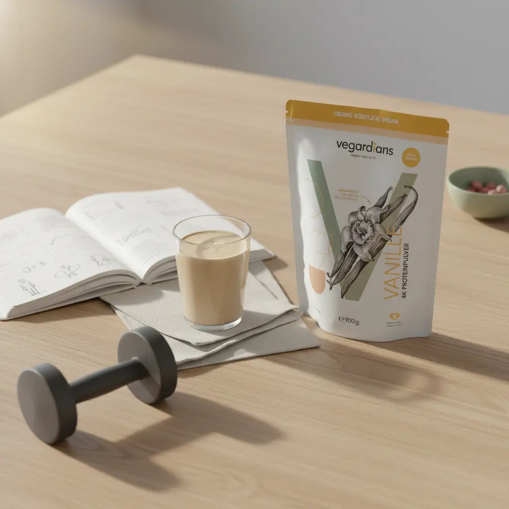 Minimalistische nordische Szene mit Gusseisen-Kurzhantel, Proteinshake und offenem Trainingsjournal auf naturbelassenem Holztisch im Morgenlicht — mehr Gewicht