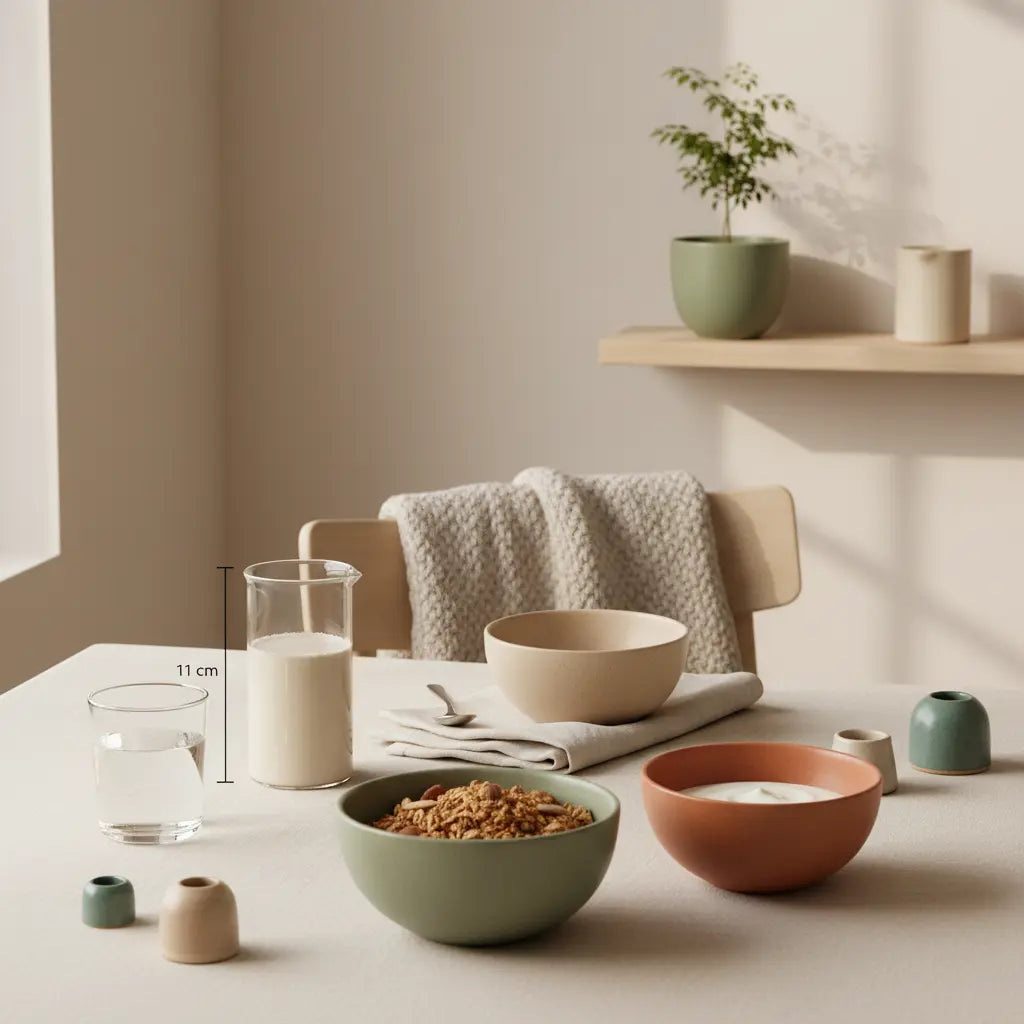 Minimalistisches Frühstück in einer europäischen Küche mit Granola, pflanzlichem Joghurt, Nüssen und Proteinshake in ruhiger Morgenästhetik — mit einer veganen Ernährung Muskeln aufbauen