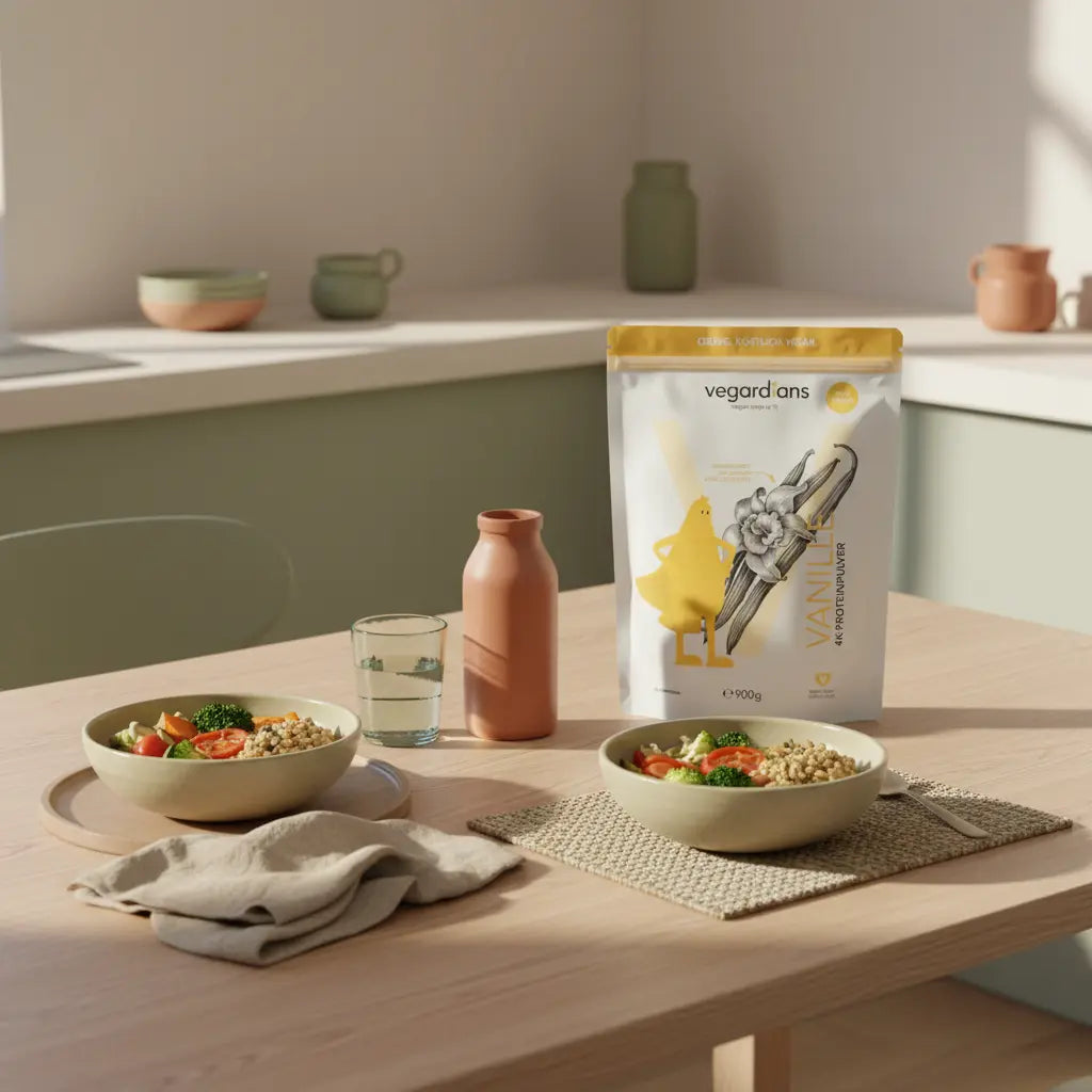 Veganer, minimalistischer Mittagstisch mit Bowls, Keramik-Shake und Glas Wasser auf Holztisch in sanftem Morgenlicht – Mittagessen zum Abnehmen