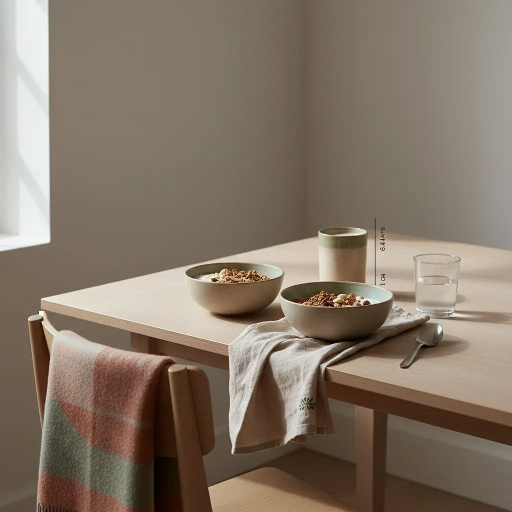 Motivation Fitnessstudio Tipps – minimalistisches Morgenfrühstück mit Granola, pflanzlichem Joghurt, Nüssen und Shake in Keramik auf nachhaltigem Tisch mit Woll- und Leinentexturen.