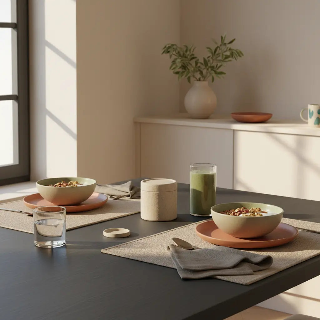 Nachhaltiges Morgenfrühstück mit Granola, Joghurt, Nüssen, Shake und klarem Wasserglas auf minimalistischem Tisch in warmer Palette – motivation fürs fitnessstudio