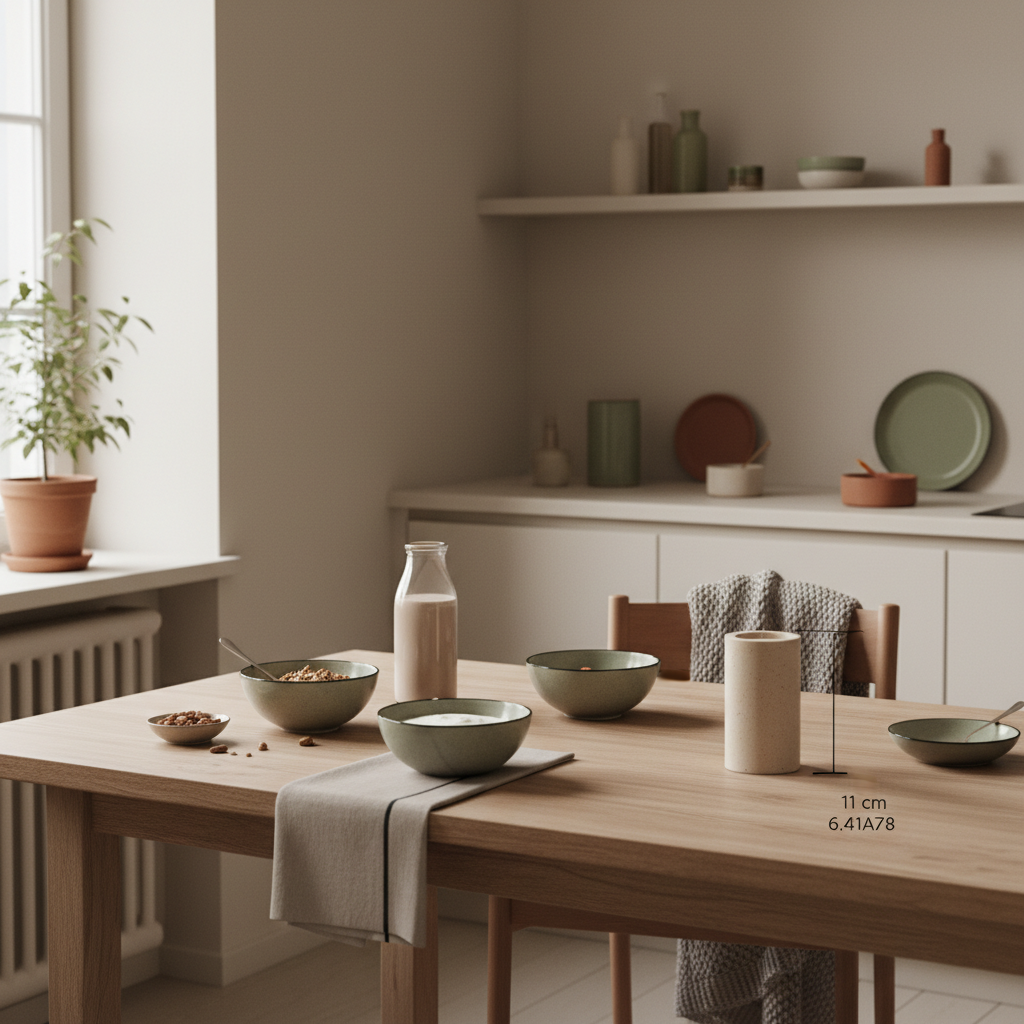 Langsames Morgenfrühstück mit Granola, Joghurt, Nüssen und Shake auf nachhaltigem Holztisch in ruhiger, erdiger Ästhetik – Motivation fürs Training