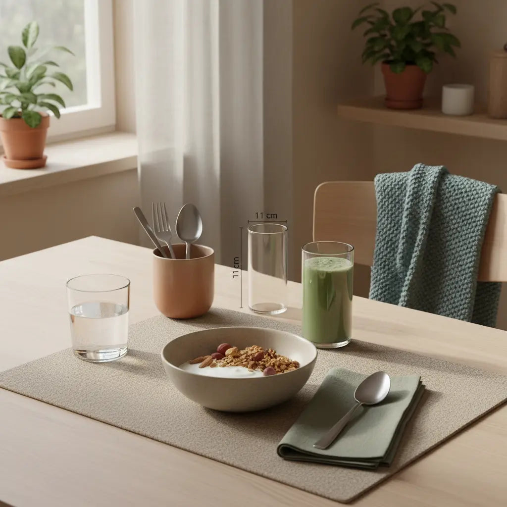 motivation für fitness zuhause: Minimalistisches Frühstück in europäischer Küche mit Granola, Joghurt, Nüssen und Shake, ruhiges Morgenlicht, beige- und salbeitöne