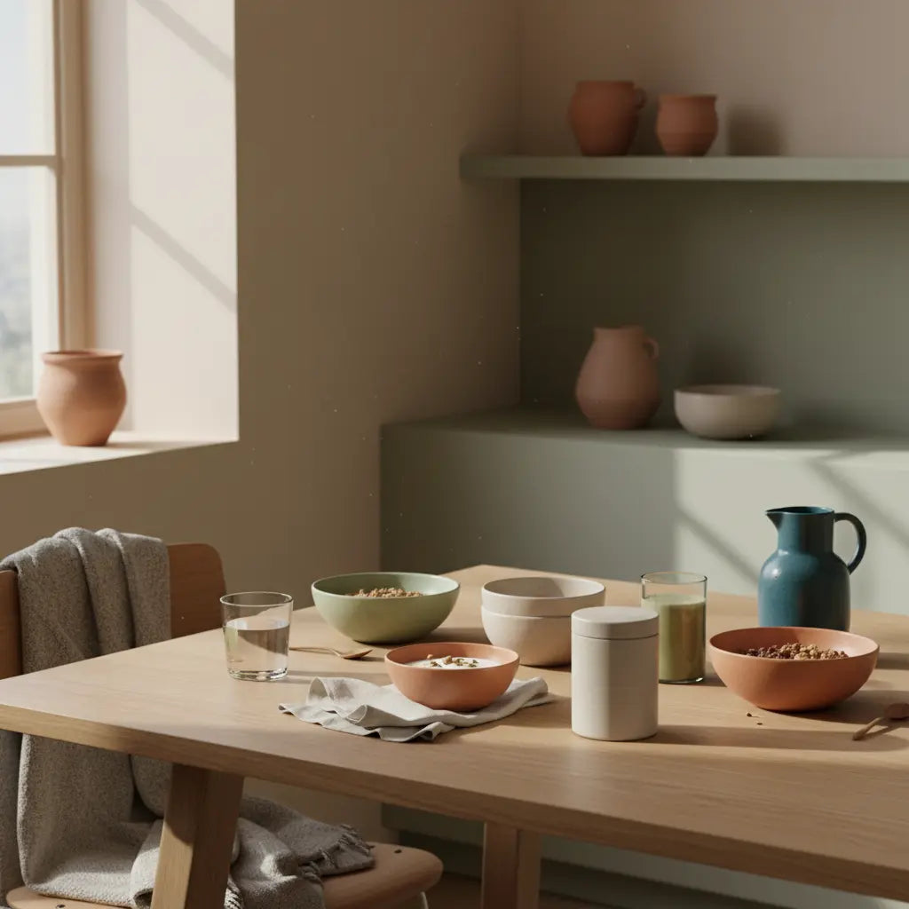 Minimalistisches Frühstück mit Granola, Joghurt, Nüssen und Shake in einer europäischen Küche im Morgenlicht, nährend und nachhaltig — Motivation fürs Fitnessstudio