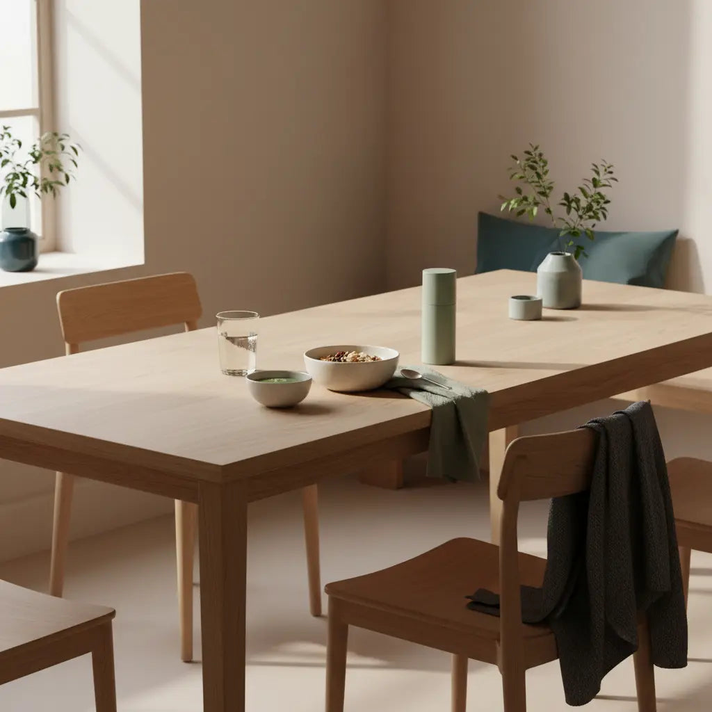 Veganes Frühstück mit Granola, Joghurt, Nüssen und Shake auf nachhaltigem Tisch in europäischer Küche bei Morgenlicht, Motivation fürs Training