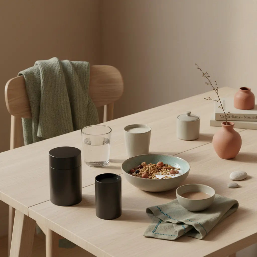 Minimalistisches Vegardians-Frühstück mit Granola, Joghurt, Nüssen, Shake und dem Produkt aus Referenzfotos auf beigem Tisch — Motivation im Sport durch bewusstes, nährendes Essen