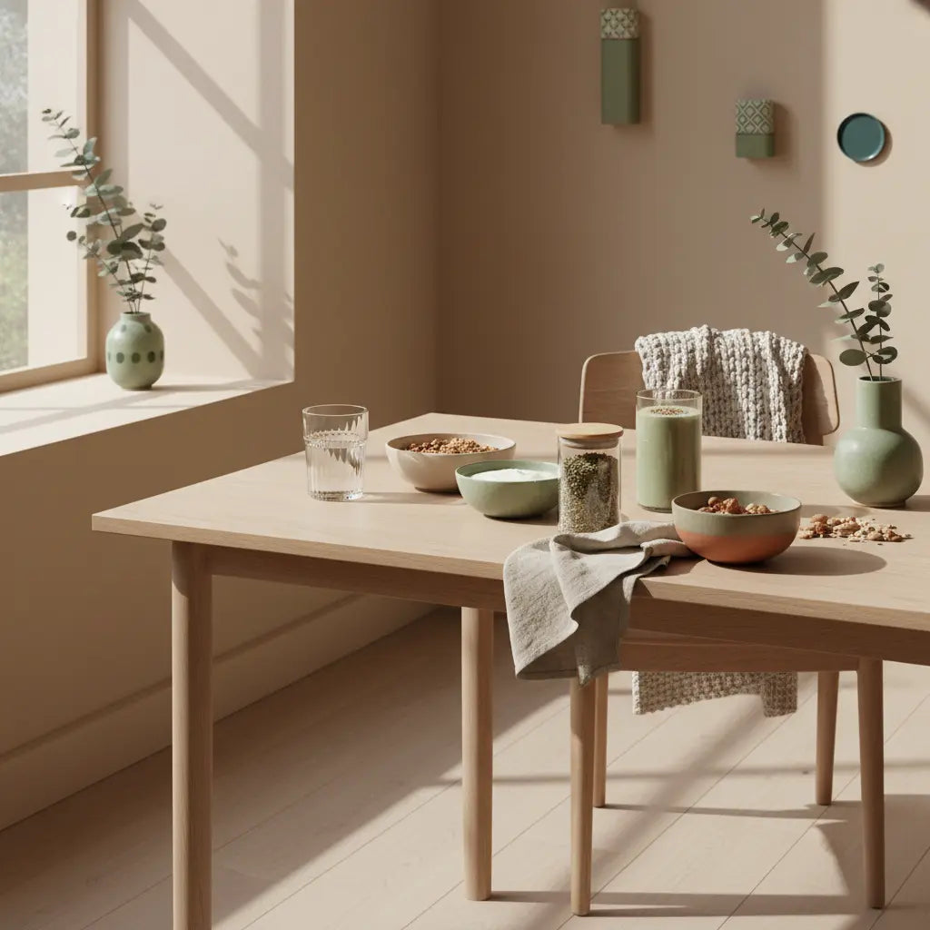 Minimalistisches Winterfrühstück mit Granola, pflanzlichem Joghurt, Nüssen, Shake und Vegardians-Produkt auf nachhaltigem Tisch in warmem Morgenlicht – motivation im winter