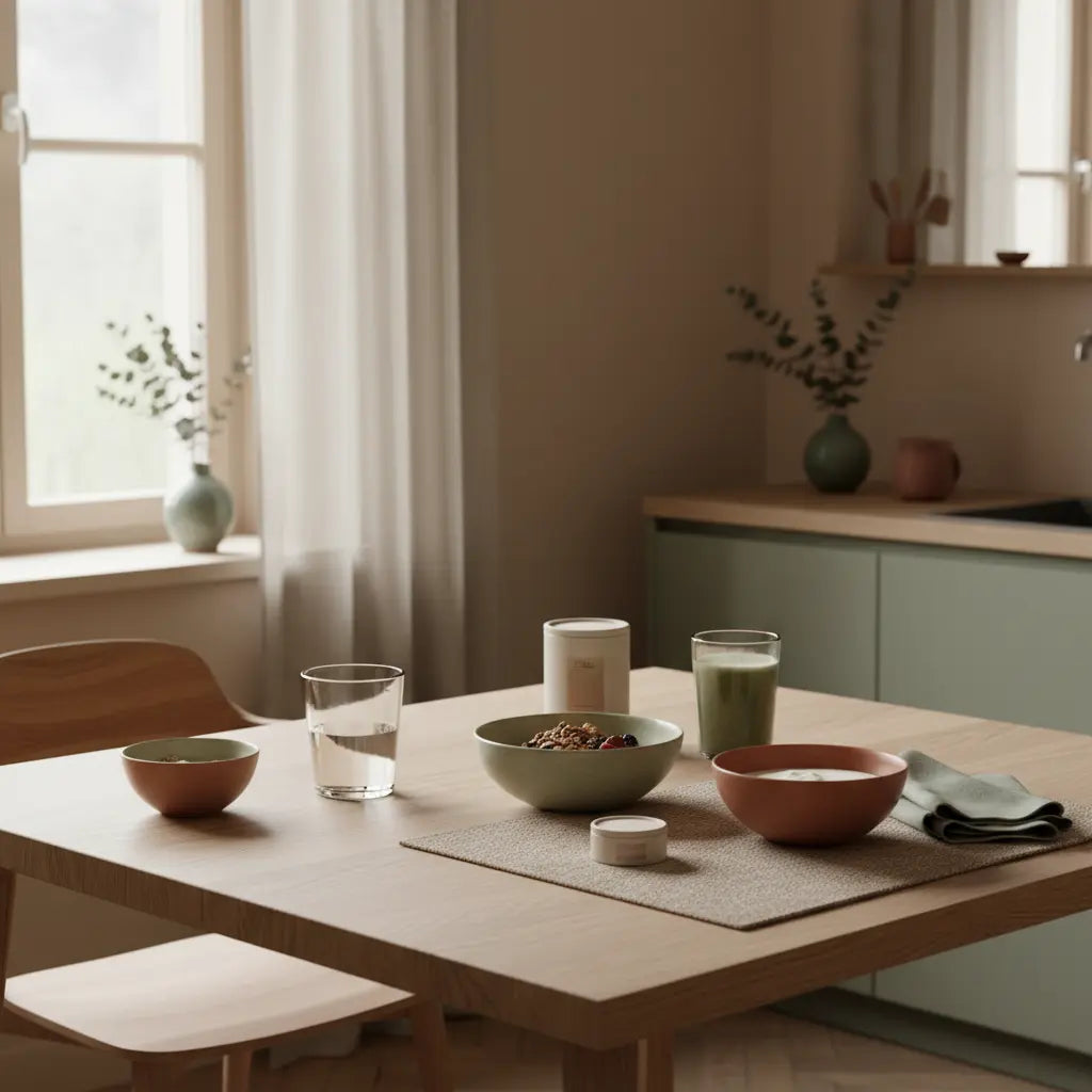 Motivation im Winter: Minimalistisches veganes Frühstück mit Granola, pflanzlichem Joghurt, Nüssen und Shake auf einem nachhaltig gedeckten Tisch mit winterlichen Woll- und Leinen-Texturen.