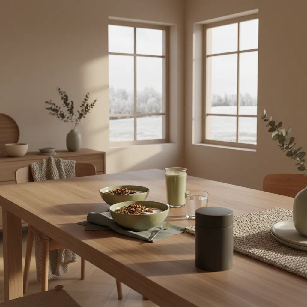 Minimalistisches veganes Winterfrühstück mit Granola, Joghurt, Nüssen, Shake und dem Produkt aus Referenzfotos auf einem nachhaltigen Tisch – Motivation im Winter.