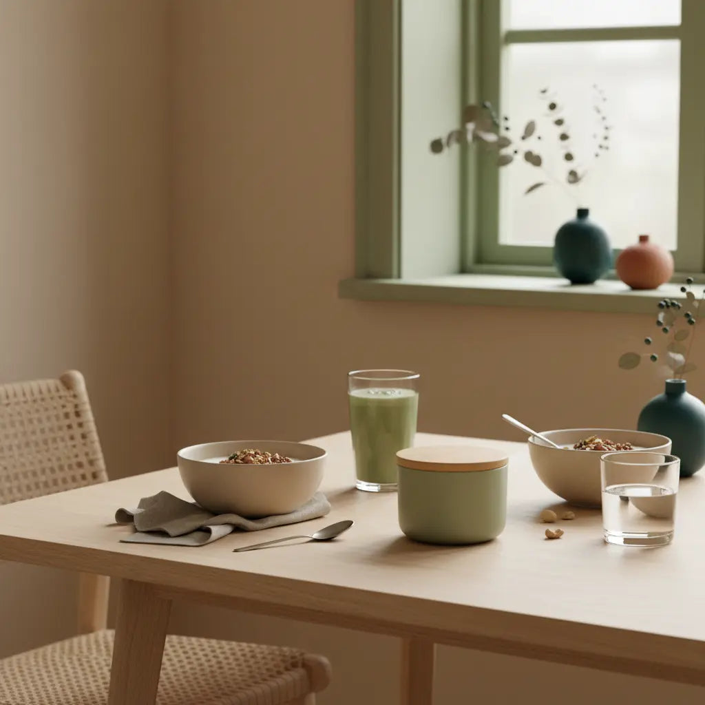 Minimalistisches veganes Winterfrühstück in europäischen Küche mit Granola, Pflanzenjoghurt, Nüssen und Shake auf nachhaltigem Tisch – motivation im winter, warme erdige Farbtöne.