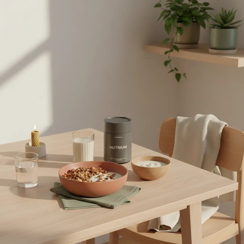 Frühstück in einer europäischen Küche bei sanftem Morgenlicht mit Granola, Joghurt, Shake und Wolltextilien – ruhige, nährende Szene für motivation im winter.