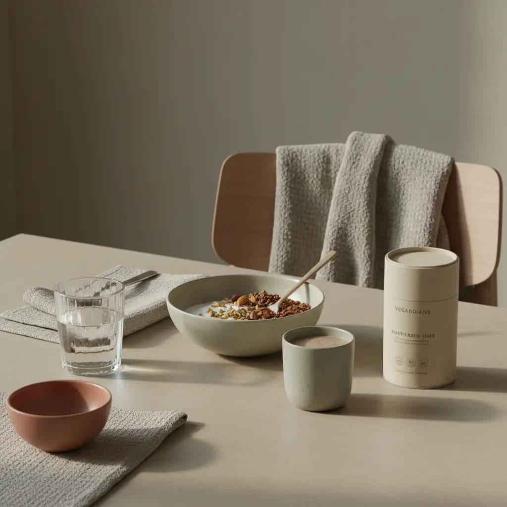 Veganes Frühstück in europäischer Küche mit Granola, pflanzlichem Joghurt, Nüssen und Shake, sanftes Morgenlicht, Woll- und Leinenakzente – Motivation im Winter.