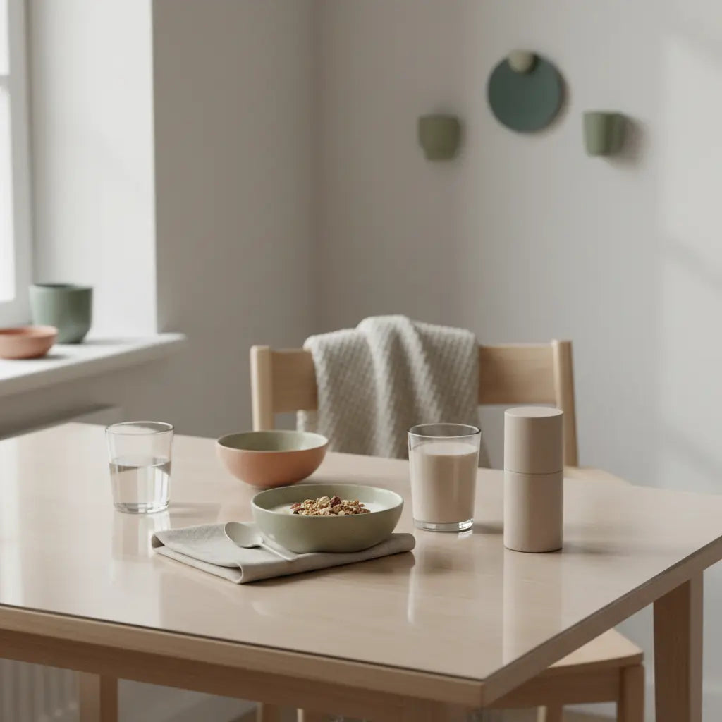 Motivation im Winter: Ruhiges veganes Frühstück mit Granola, Joghurt, Nüssen, Shake und Glas Wasser, Woll- und Leinenakzenten in erdiger Farbwelt.