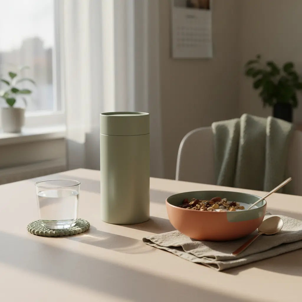 Motivation im Winter: Minimalistisches veganes Frühstück in heller europäischer Küche mit Granola, Pflanzenjoghurt, Nüssen und Proteinshake, ruhige Morgenstimmung.