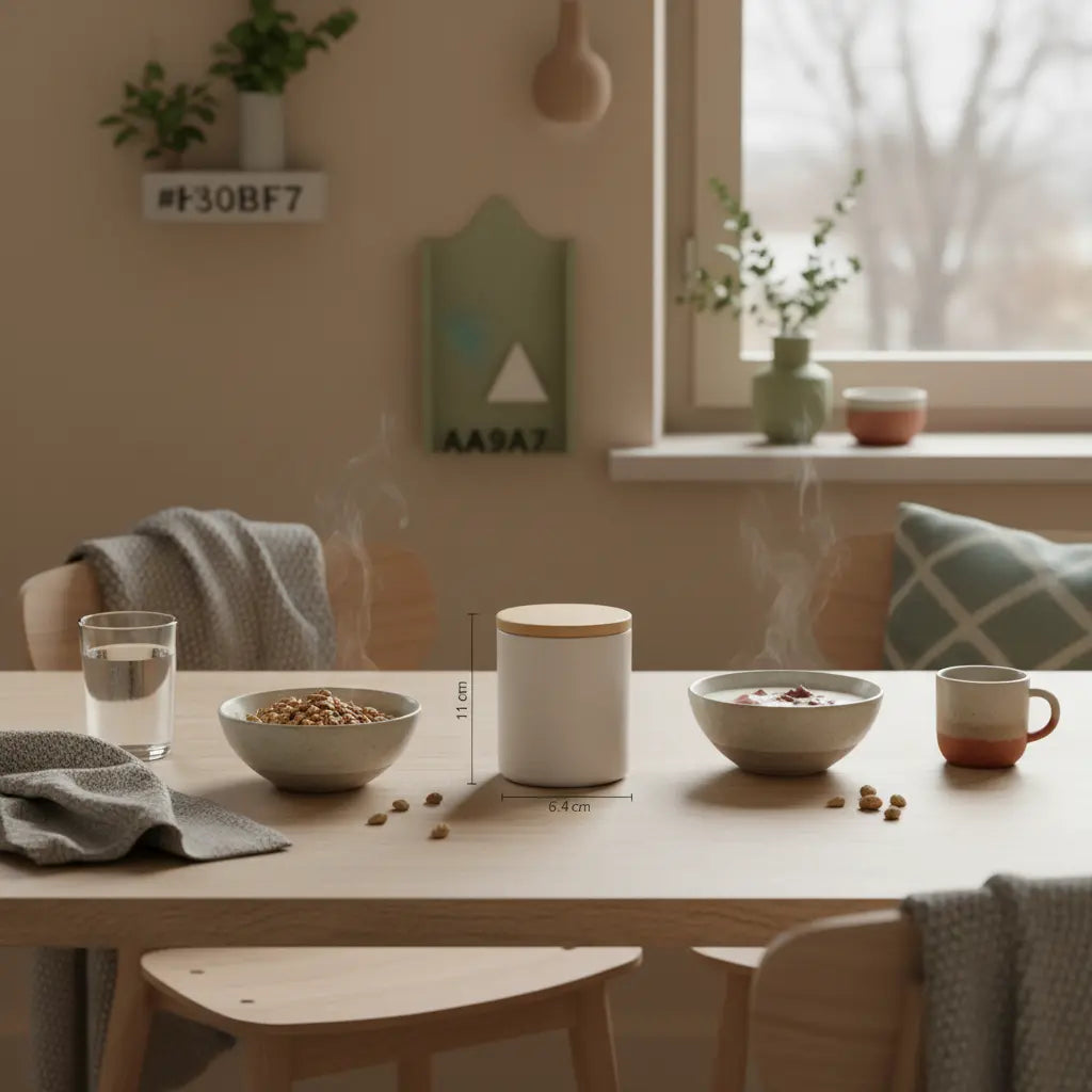 Motivation im Winter: Minimalistisches Morgenfrühstück in beige-sage Tönen mit veganem Granola, Glas Wasser und dem Produkt aus den Referenzfotos.
