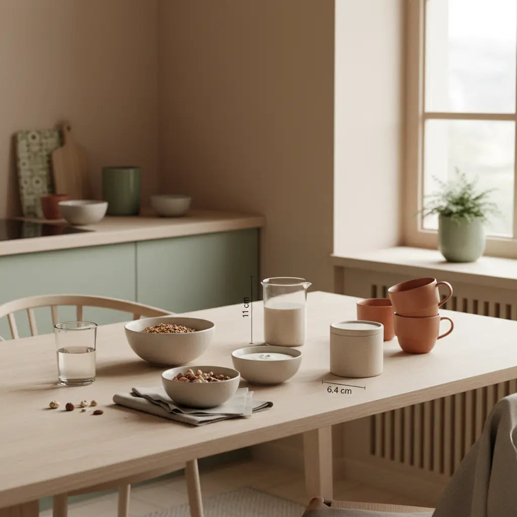 Minimalistisches Winterfrühstück mit veganem Shake, Granola, Joghurt und Wasserglas auf nachhaltigem Tisch, ruhige Morgenstimmung – motivation im winter