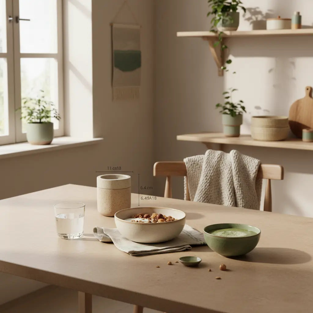 Motivation im Winter: Minimalistisches veganes Frühstück in europäischer Küche, Granola mit pflanzlichem Joghurt, Nüssen und Shake auf nachhaltigem Tisch vor hellem Hintergrund