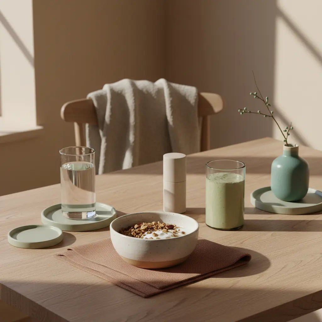 Minimalistische Morgenstimmung in europäischer Küche mit veganem Granola, Joghurt, Nüssen, Shake und Glas Wasser auf nachhaltigem Tisch – Motivation im Winter