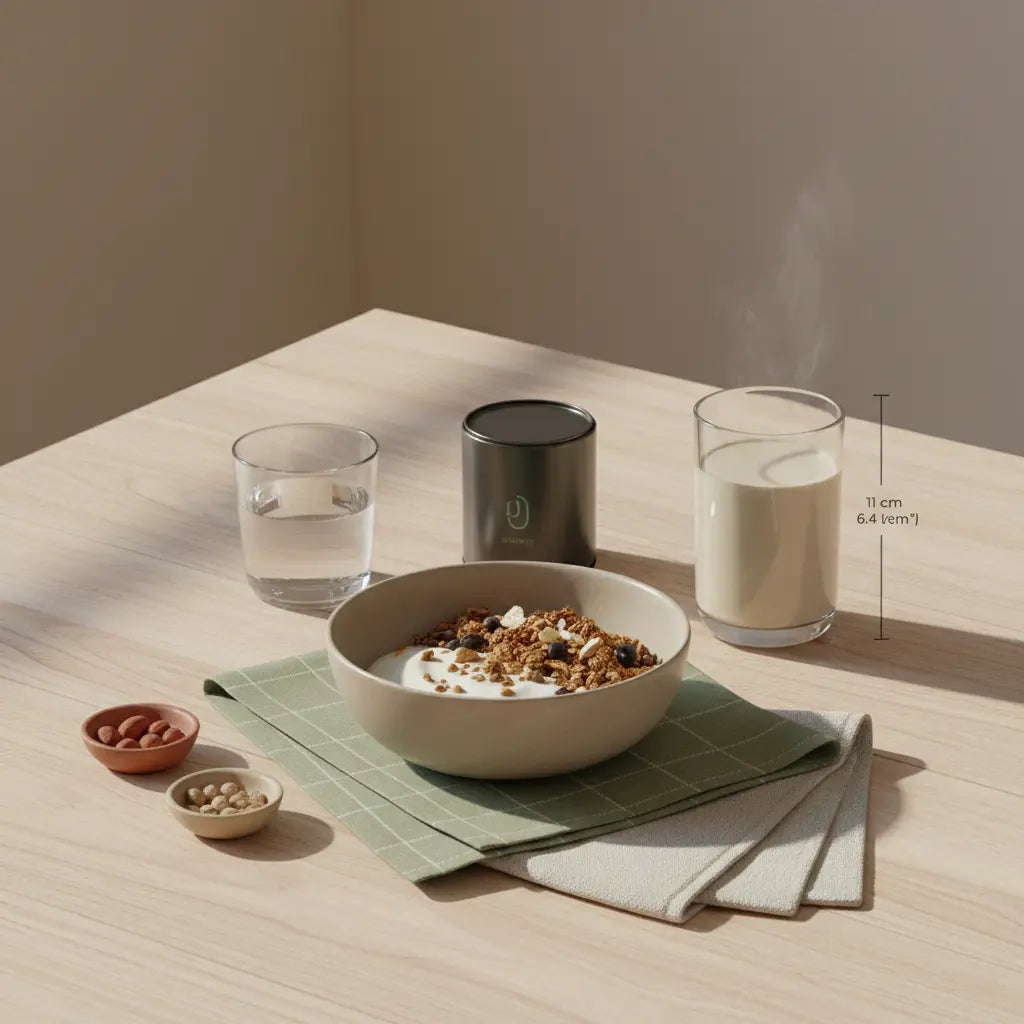 Minimalistische Frühstücksszene in heller europäischer Küche mit Granola, pflanzlichem Joghurt, Shake und Glas Wasser auf einem nachhaltigen Tisch – motivation im winter