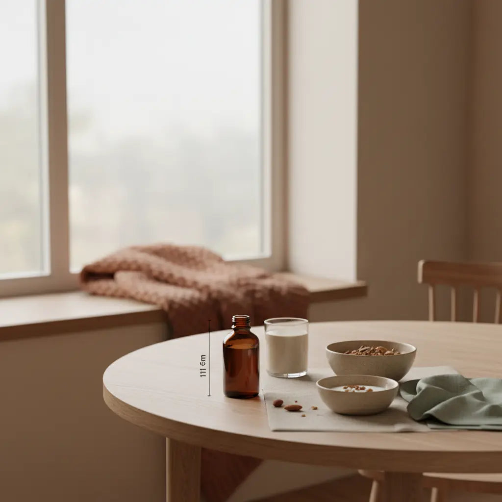 Morgenszene in europäischer Küche mit nachhaltig gedecktem Tisch, Granola, pflanzlichem Joghurt, Nüssen und Shake, subtile Wolltexturen — Motivation im Winter steigern