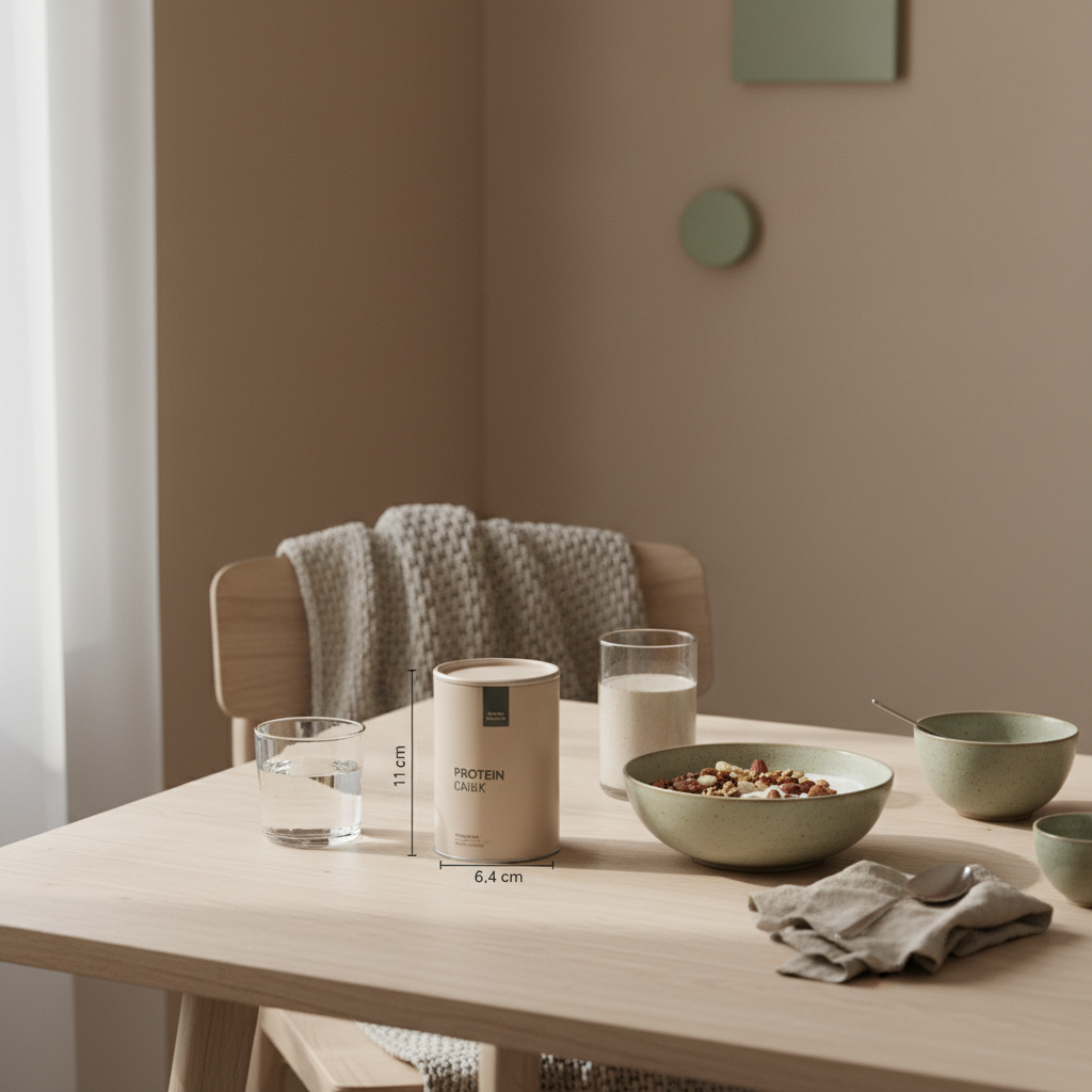 Motivation trainieren – minimalistisches Frühstück mit Granola, pflanzlichem Joghurt, Nüssen und Shake auf einem nachhaltigen, aufgeräumten Tisch in beige-salbeigrüner Farbpalette.