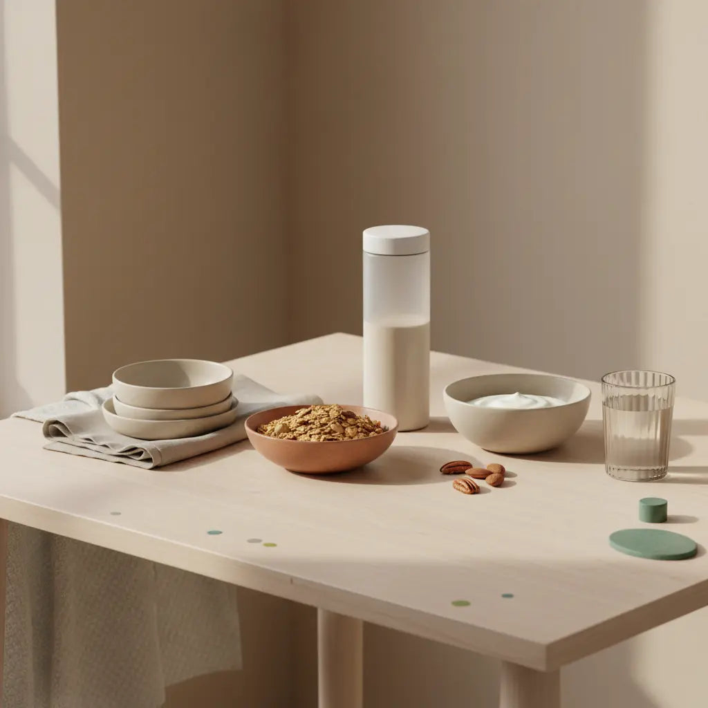 Veganer Frühstückstisch in sanftem Morgenlicht mit Granola, pflanzlichem Joghurt, Nüssen und Shake – ruhige, nährende Szene, Motivation zum Trainieren