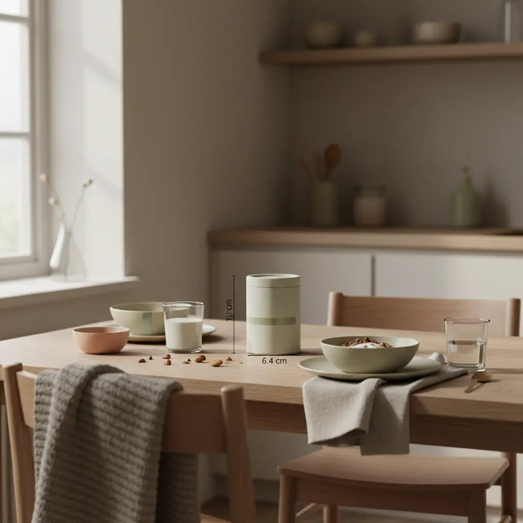 Minimalistischer Frühstückstisch in heller Küche mit Granola, pflanzlichem Joghurt, Nüssen und Shake – nachhaltiges Setting für Motivation zum Training.