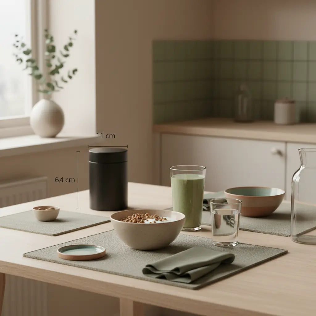 Minimalistisches Winterfrühstück mit Granola, Joghurt, Nüssen und Shake in europäischer Küche, warme Woll- und Leinen-Texturen, sanftes Morgenlicht – motivationstipps im winter