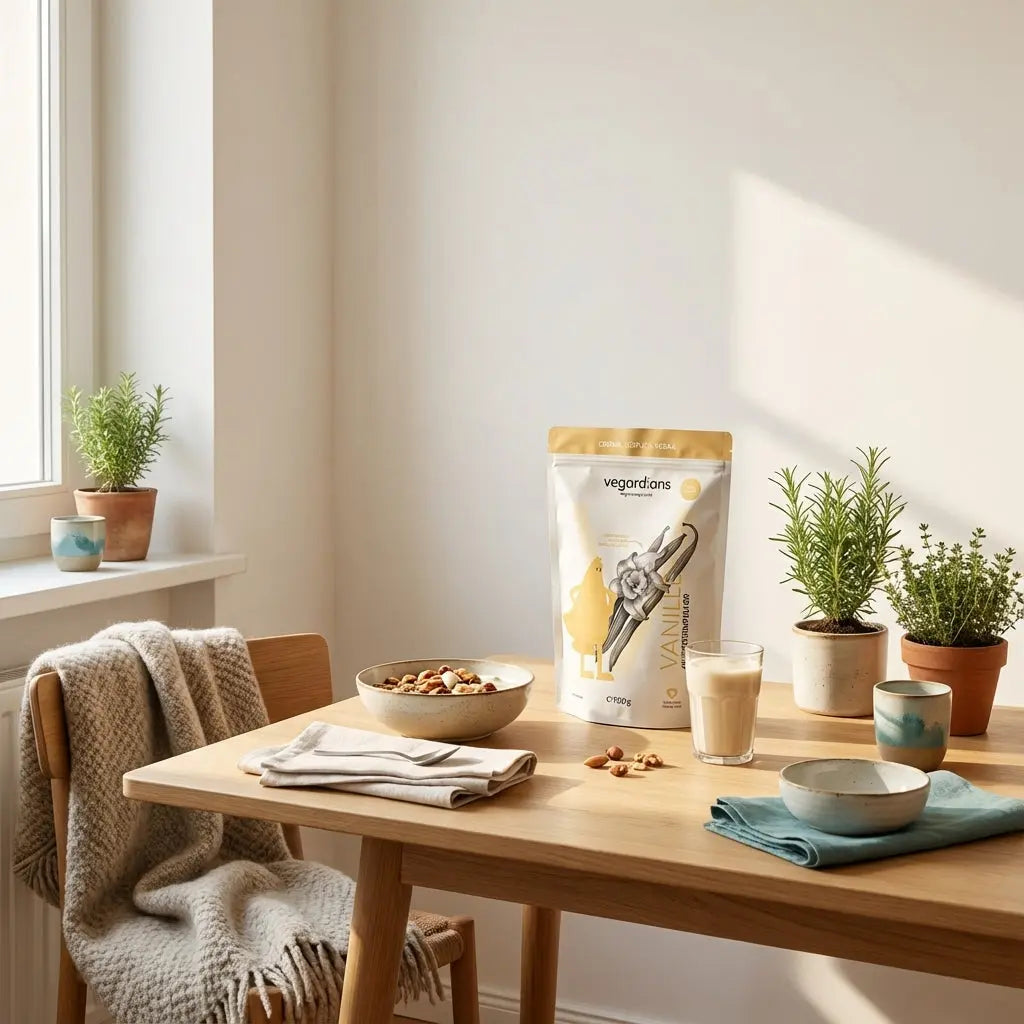 Veganes proteinreiches Frühstück auf nachhaltigem Holztisch im warmen Morgenlicht, minimalistisch und erdig – ideal für Muskelaufbau ab 40.