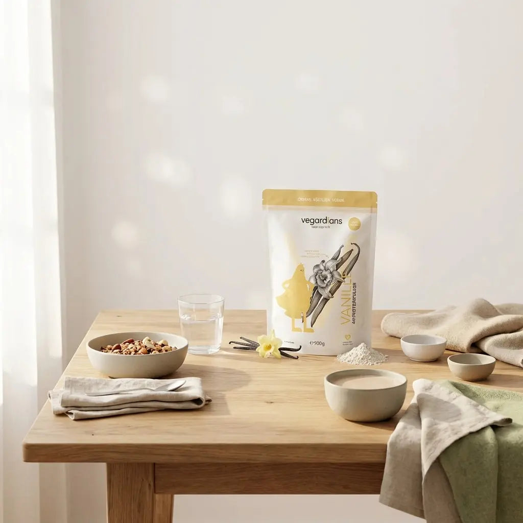 Helle europäische Küche am Morgen mit Holztisch, Müsli, Glas Wasser und veganem Proteinshake — minimalistisch, nährend und passend zum muskelaufbau frauen 70.