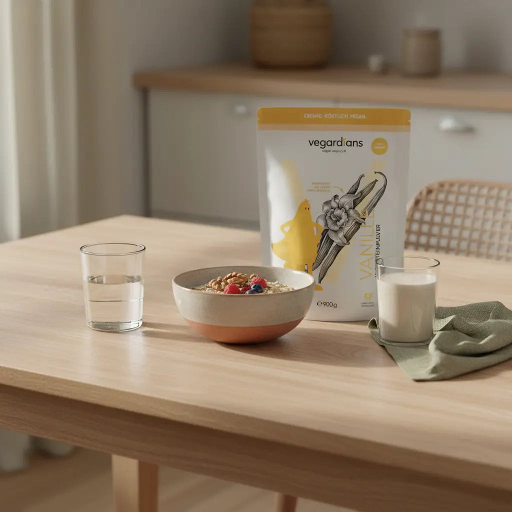 Ruhige europäische Küche mit nachhaltigem Frühstück (Haferbrei, Nüsse, Beeren, Proteinshake) in erdiger Palette – passend für muskelaufbau frauen.