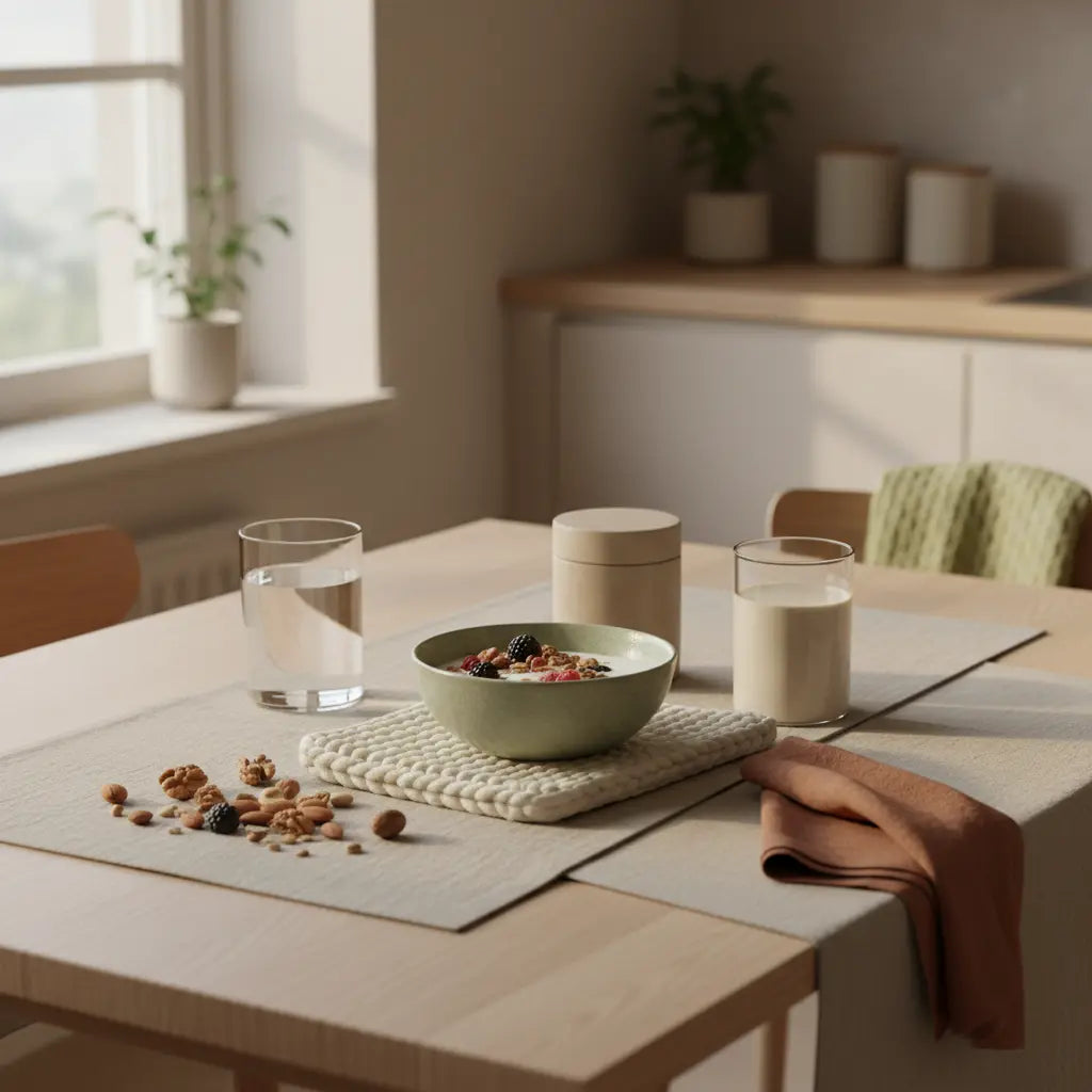 Minimalistisches veganes Frühstück mit Granola, Sojajoghurt, Nüssen und Proteinshake auf einem sonnenbeschienenen Tisch – nährend für Muskelaufbau