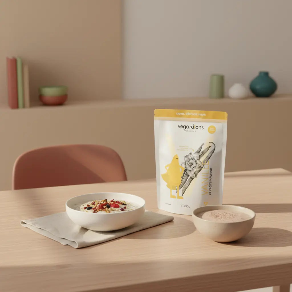 Minimalistische Morgenküche: Holztisch mit Schale Haferflocken, Nüssen, Beeren und veganem Proteinshake – ruhige nachhaltige Szene für muskelaufbau für anfänger.