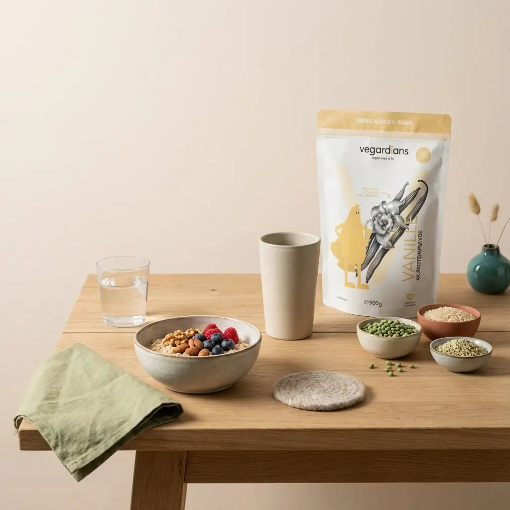 Muskelaufbau Fußball: minimalistisches pflanzliches Frühstück mit proteinreichem Hafer, Shake und Zutaten auf nachhaltigem Holztisch im sanften Morgenlicht