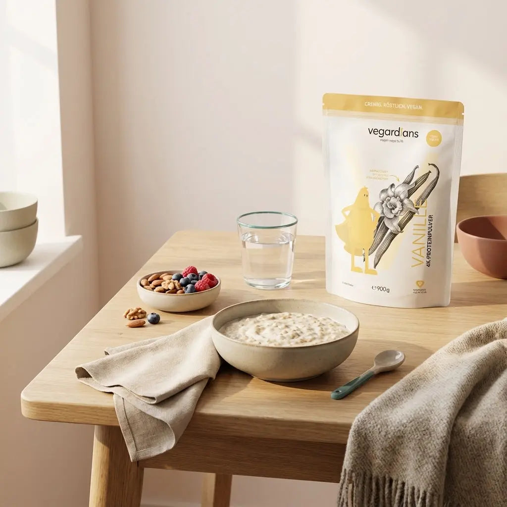 Minimalistische Morgenszene: Holztisch mit Haferflocken, Glas Wasser, Keramikschale mit Nüssen und geschlossenem Proteinpulver – Muskelaufbau im Kaloriendefizit