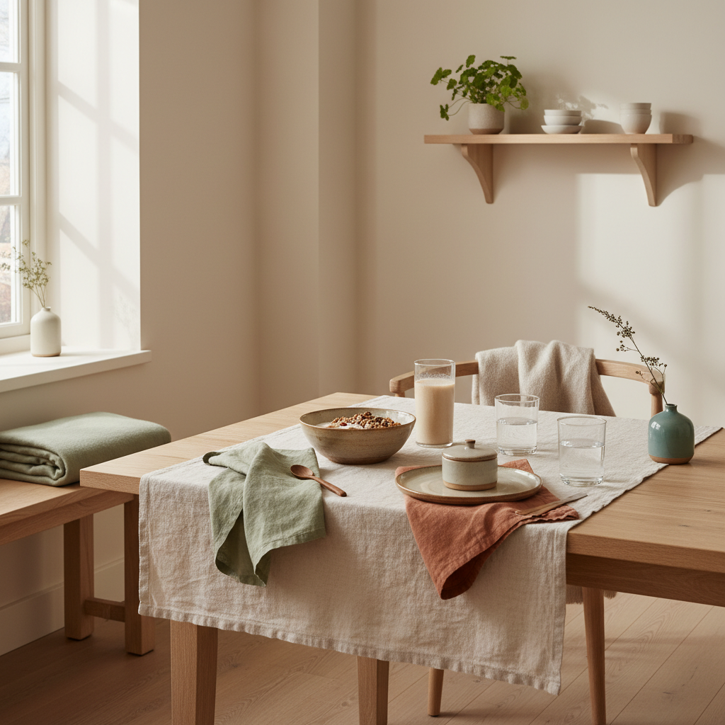 Slow‑living Frühstückstisch in europäischer Küche mit Granola, pflanzlichem Joghurt, Nüssen, Shake und Wasserglas – nachhaltige Ästhetik, Fokus: Muskelaufbau mit 40.