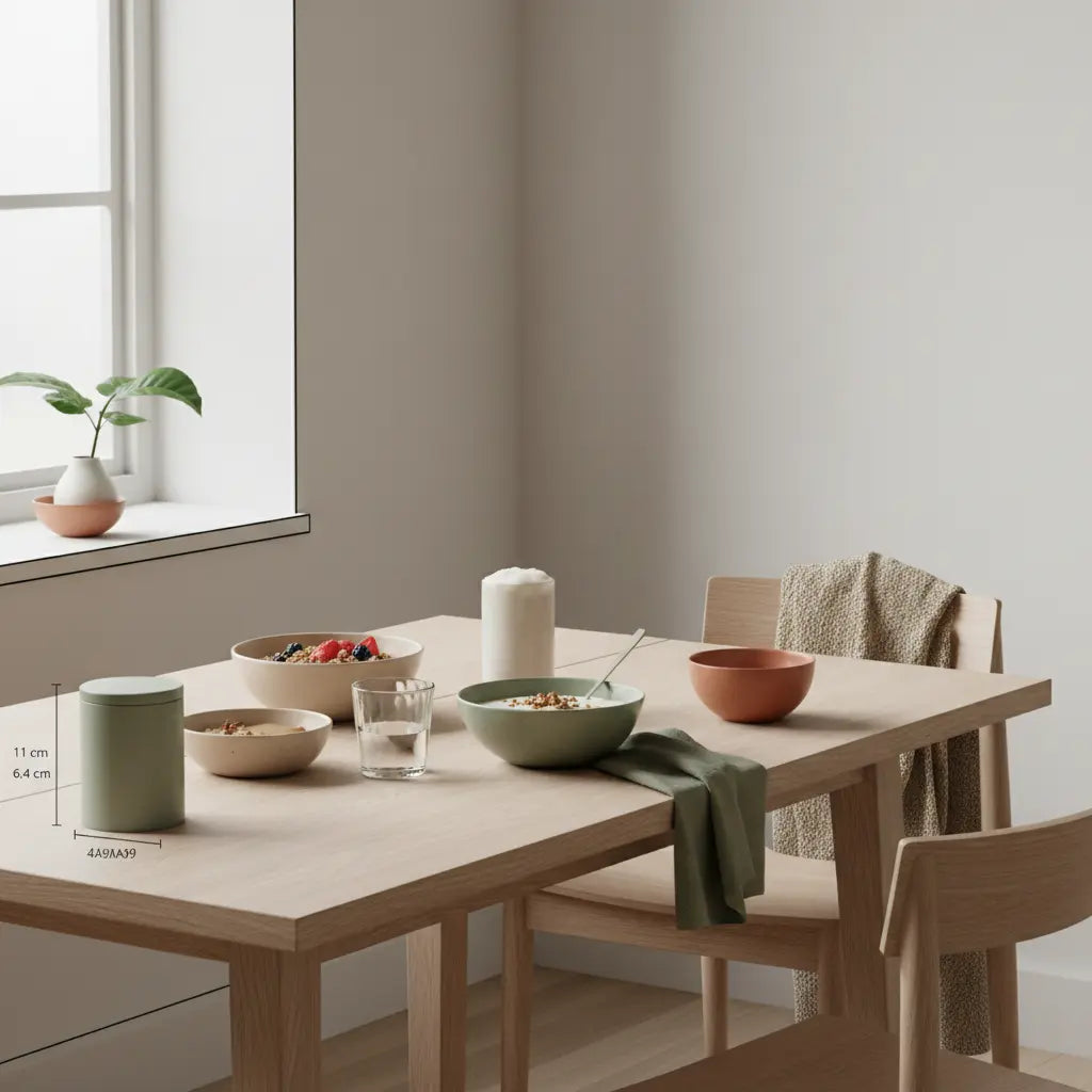 Minimalistisches Frühstück mit Granola, pflanzlichem Joghurt, Nüssen und Shake auf Holz­tisch im Morgenlicht – ruhige, nährende Stimmung für Muskelaufbau ohne Protein.