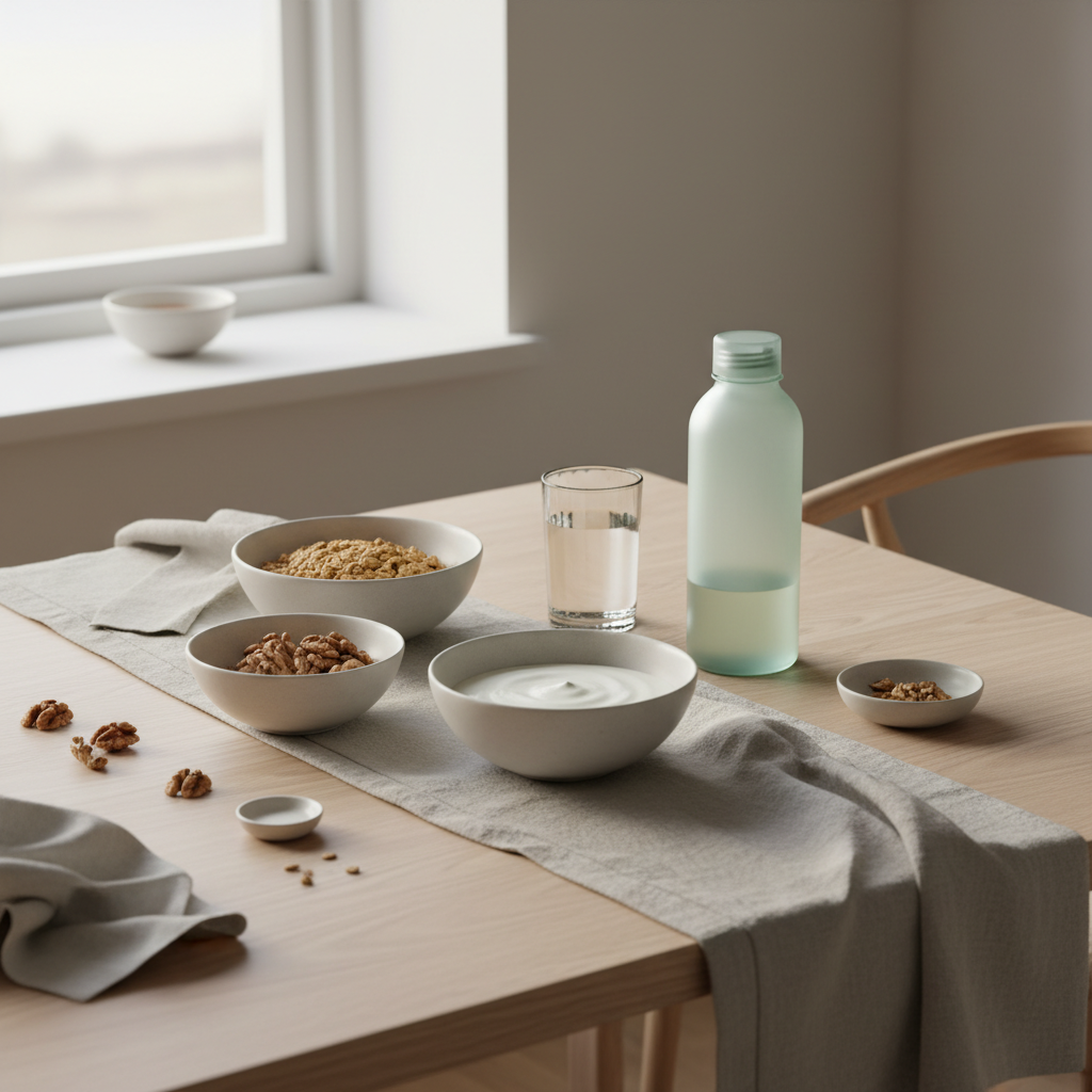 Minimalistisches Morgenessen mit Granola, veganem Joghurt, Nüssen, klarem Wasserglas und Shake-Flasche in einer europäischen Küche im Vegardians-Farbstil, muskelaufbau ohne proteinpulver