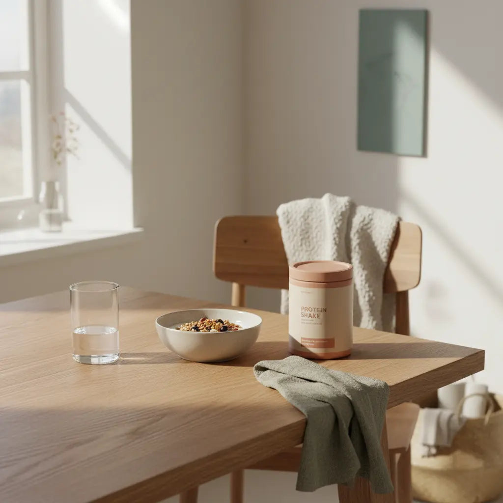 Minimalistisches Morgenfrühstück in europäischer Küche mit veganem Granola, Pflanzenjoghurt, Nüssen und Proteinshake; Produkt aus den Referenzfotos sichtbar – Muskelaufbau pro Monat