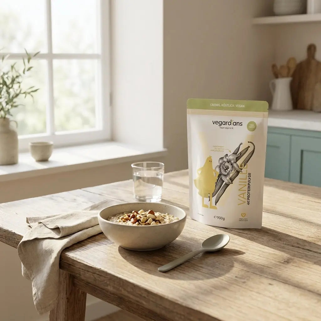 Minimalistische Morgenszene mit nachhaltigem Holztisch, veganer Haferflocken-Schale, Glas Wasser, Proteinshake und Vegardians-Produkt – Muskelaufbau Produkte in natürlicher, erdiger Farbwelt