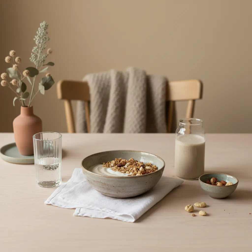 Minimalistisches veganes Frühstück mit Granola, pflanzlichem Joghurt, Nüssen und Shake auf nachhaltigem Tisch in europäischer Küche bei Morgenlicht – ideal für muskelaufbau tipps.